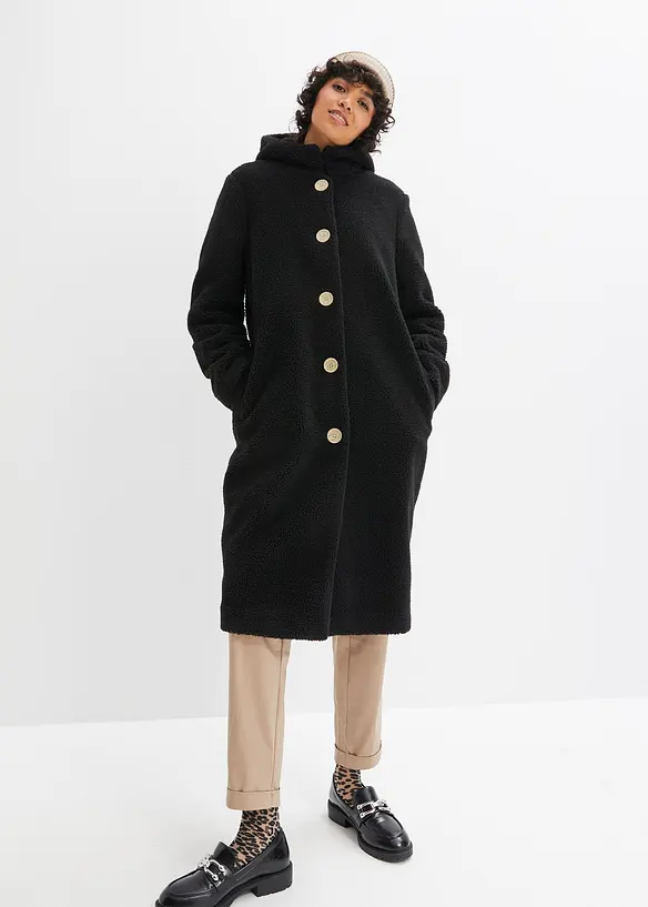 Plyšový kabát s kapucí a kapsami, bonprix