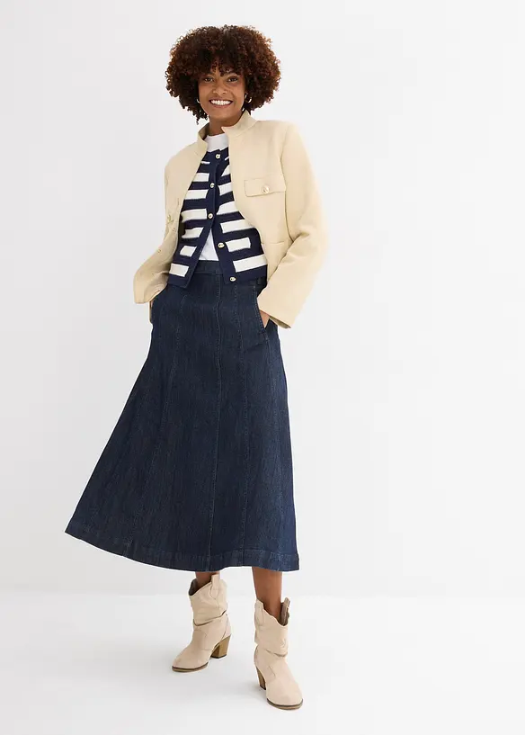 Dž&iacute;nov&aacute; sukně v d&eacute;lce midi, bonprix