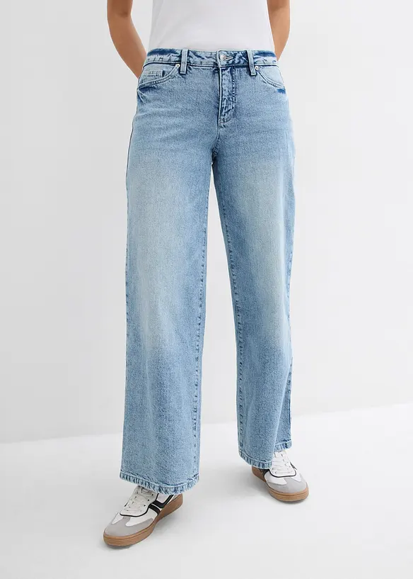 Džíny Wide Leg, Mid Waist, malý podíl streče, dlouhá délka, bonprix