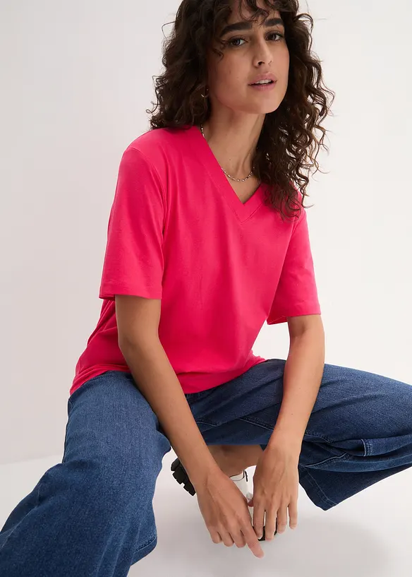 Dlouhé tričko se širokým střihem a s výstřihem do V, krátký rukáv (5 ks v balení), bonprix