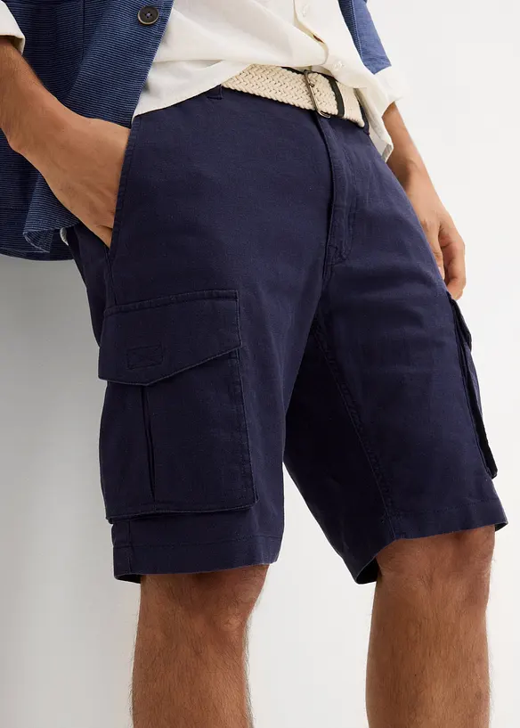 Cargo bermudy s podílem lnu a s páskem, Regular Fit, bonprix