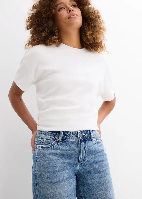 Džíny Loose, Straight, Mid Waist, nízký podíl streče, bonprix