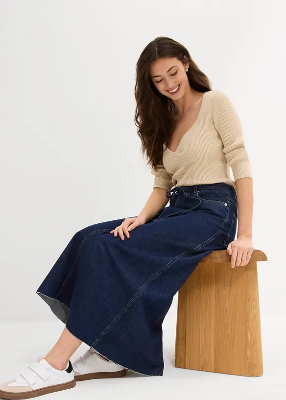 Džínová midi sukně, Mid Waist, Super Soft, bonprix
