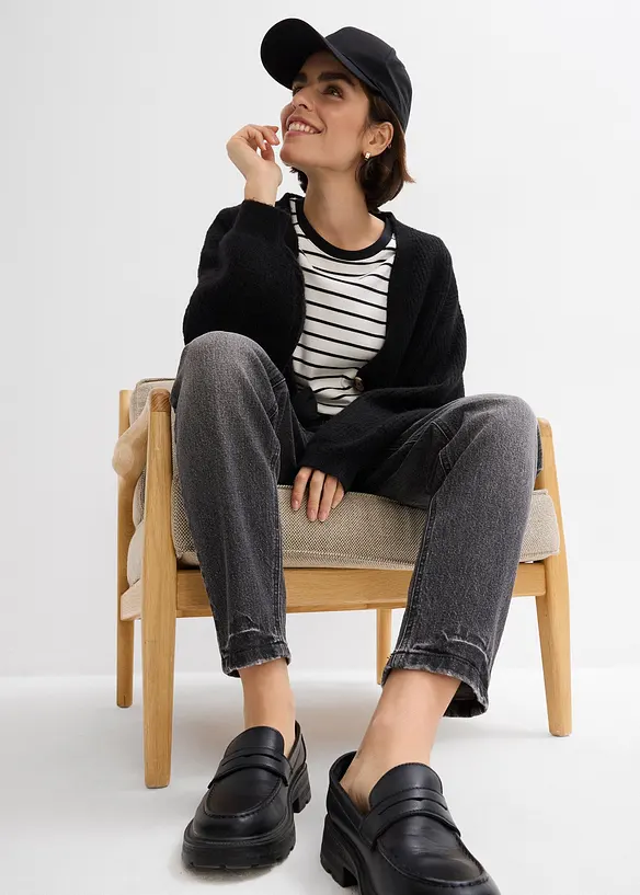 Mom dž&iacute;ny High Waist, mal&yacute; pod&iacute;l streče, zkr&aacute;cen&eacute;, bonprix