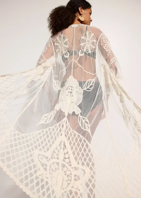 Transparentní plážové kimono s krajkou, bonprix