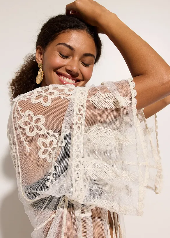 Transparentní plážové kimono s krajkou, bonprix