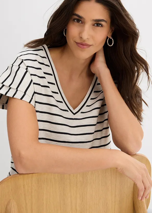 Proužkované tričko s volánovými rukávy, bonprix