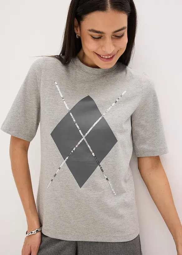 Triko s polodlouhým rukávem, flitry a potiskem, bonprix