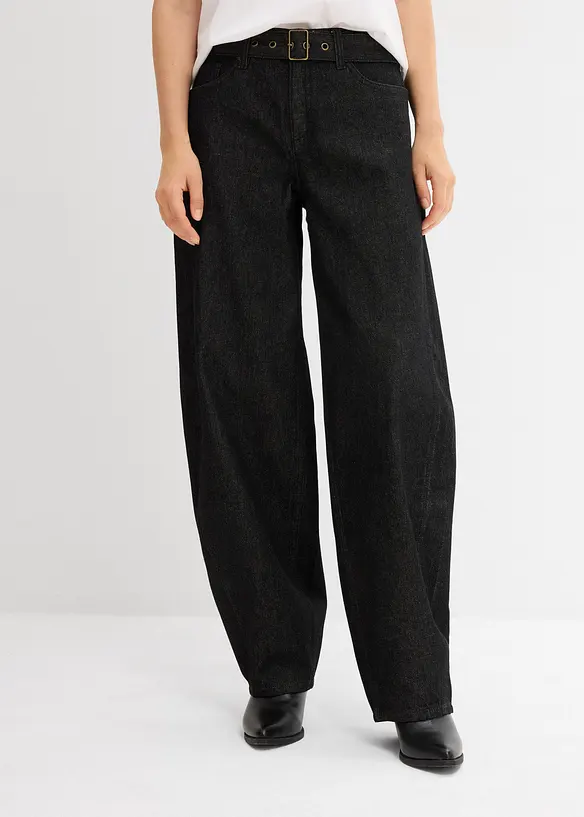 Džíny Barrel s páskem, Mid Waist, bonprix