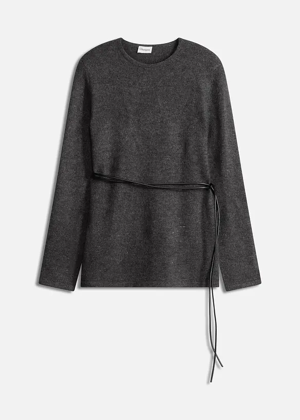 Pletené tričko s podílem vlny a vázačkou z imitace kůže, bonprix