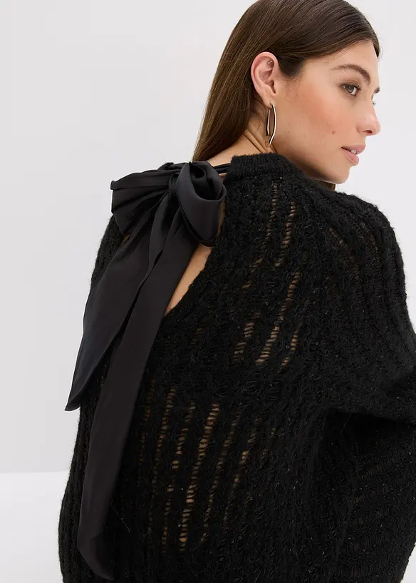 Pletené minišaty se saténovou mašlí a lehkou průhledností, bonprix