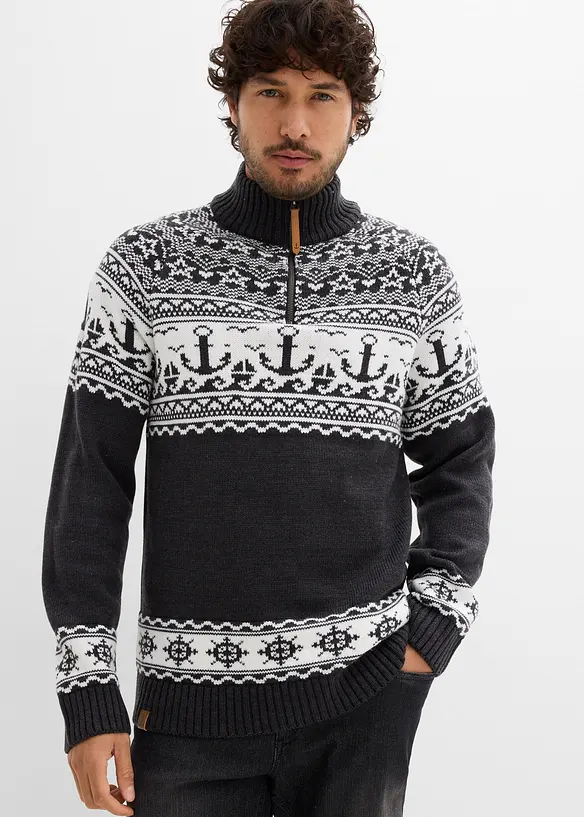 Námořnický svetr s norským vzorem a límečkem na zip, bonprix