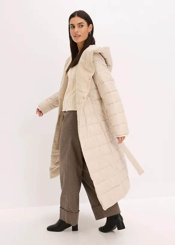 Prošívaný kabát s aplikací z imitace vlny a s vázačkou, nepromokavý (2dílná souprava), bonprix