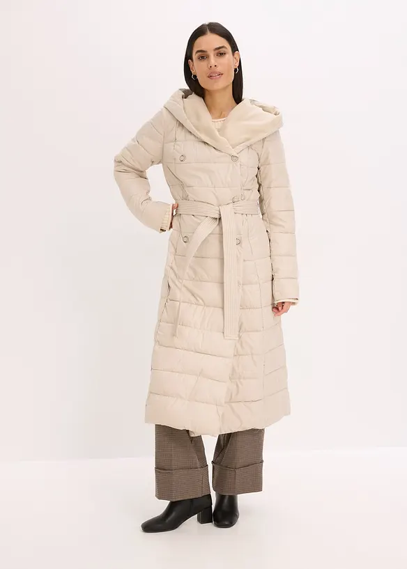 Prošívaný kabát s aplikací z imitace vlny a s vázačkou, nepromokavý (2dílná souprava), bonprix