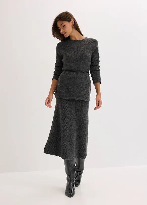 Pletené tričko s podílem vlny a vázačkou z imitace kůže, bonprix