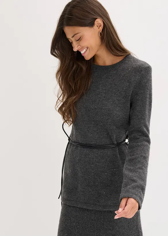 Pletené tričko s podílem vlny a vázačkou z imitace kůže, bonprix