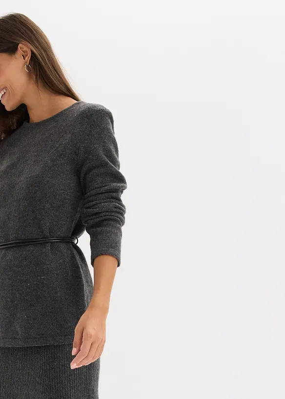 Pletené tričko s podílem vlny a vázačkou z imitace kůže, bonprix