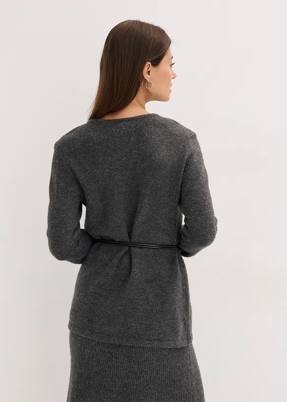 Pletené tričko s podílem vlny a vázačkou z imitace kůže, bonprix