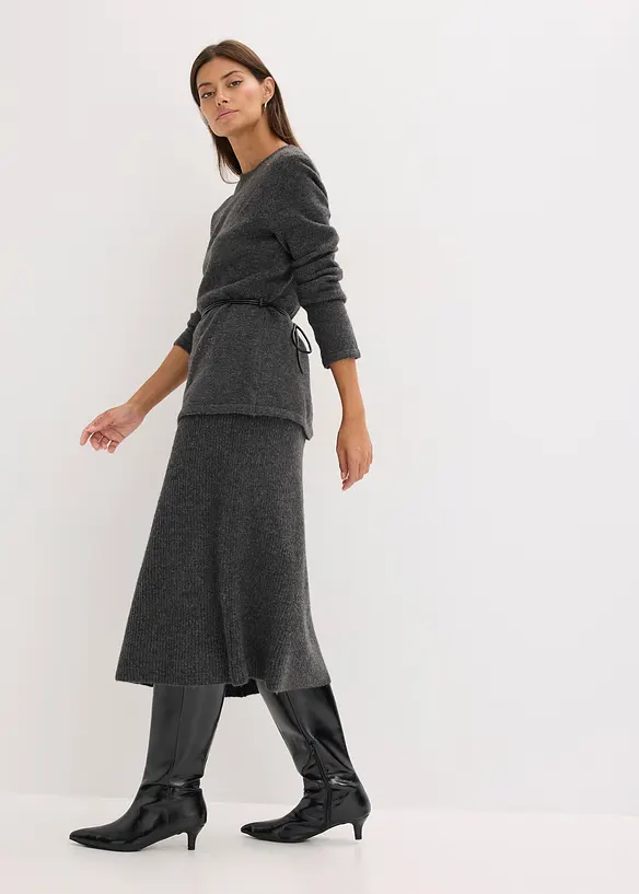 Pletené tričko s podílem vlny a vázačkou z imitace kůže, bonprix