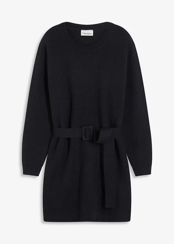Krátké pletené šaty s podílem měkké vlny a s páskem, bonprix