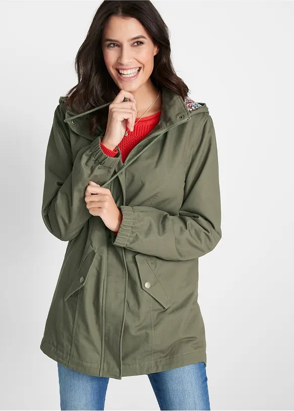 Bavlněná parka na přechodné období, s potištěnou kapucí, bonprix