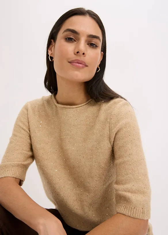 Svetr s polovičními rukávy, flitry a lesklou přízí, bonprix