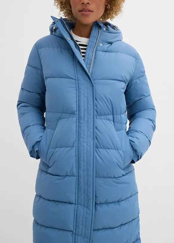 Dlouhý prošívaný kabát s kapucí, bonprix