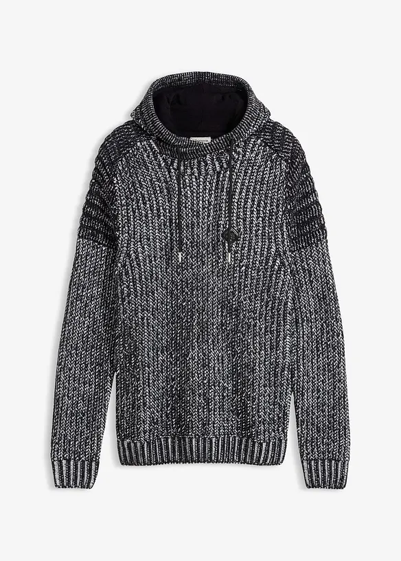 Svetr ze silnější pleteniny, s kapucí a detaily v motorkářském stylu, bonprix