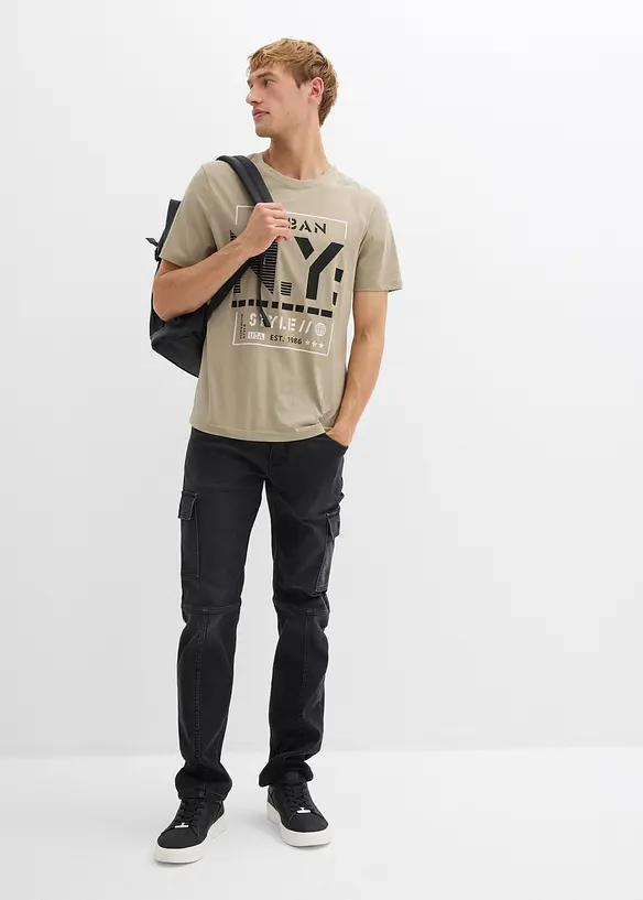 Cargo džínové joggingové kalhoty s pohodlným pasem, Regular Fit, Straight, bonprix
