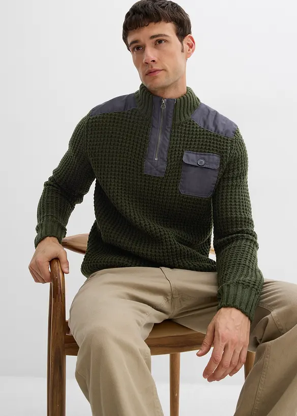 Svetr s límečkem, z hrubé pleteniny, s tkanými aplikacemi, bonprix