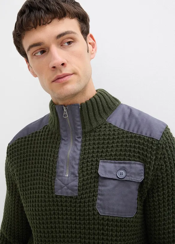 Svetr s límečkem, z hrubé pleteniny, s tkanými aplikacemi, bonprix