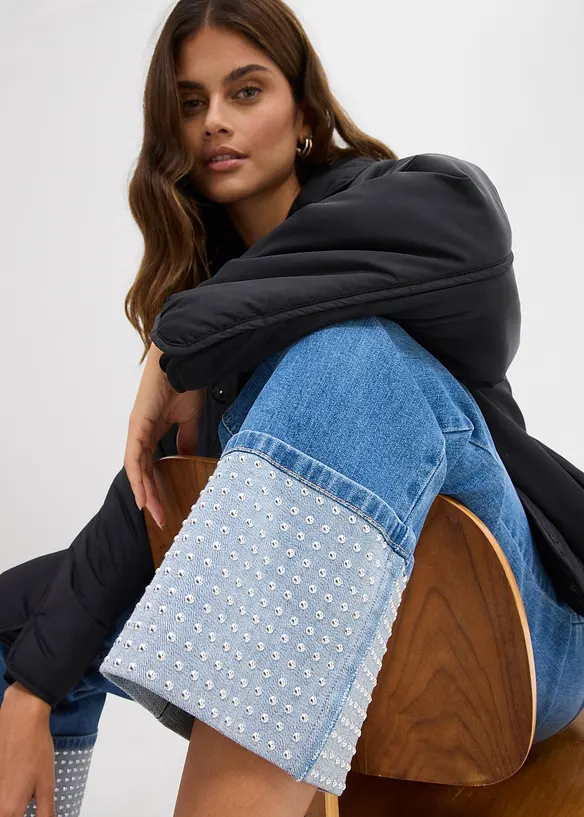 Dž&iacute;ny Straight, High Waist, s ohrnutou z&aacute;ložkou, bonprix