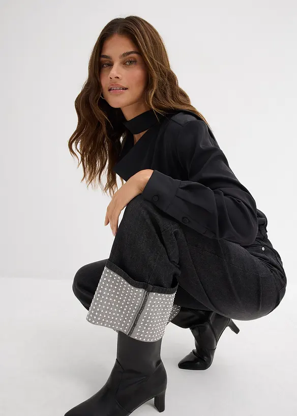 Džíny Straight, High Waist, s ohrnutou záložkou, bonprix