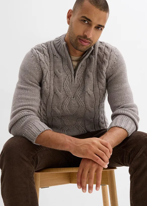 Svetr s límečkem na zip a copánkovým vzorem, bonprix