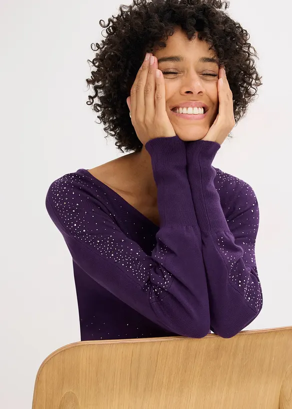 Svetr z jemné pleteniny, se štrasovou aplikací, bonprix