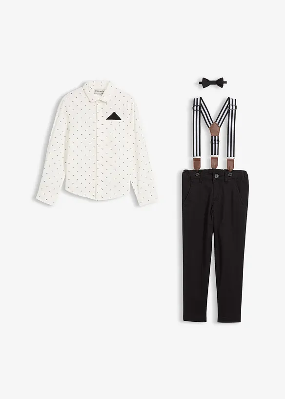 Košile s dlouhým rukávem, strečové kalhoty, šle a motýlek (4dílná souprava), bonprix