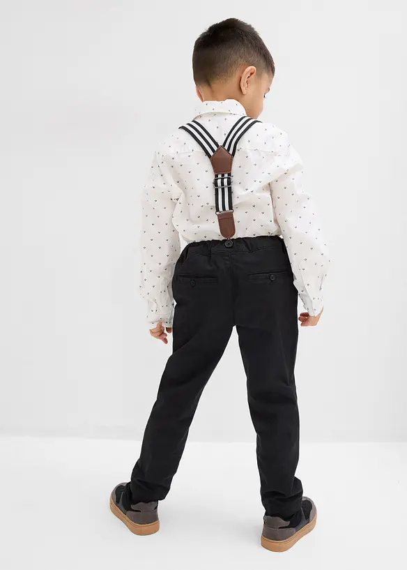 Košile s dlouhým rukávem, strečové kalhoty, šle a motýlek (4dílná souprava), bonprix