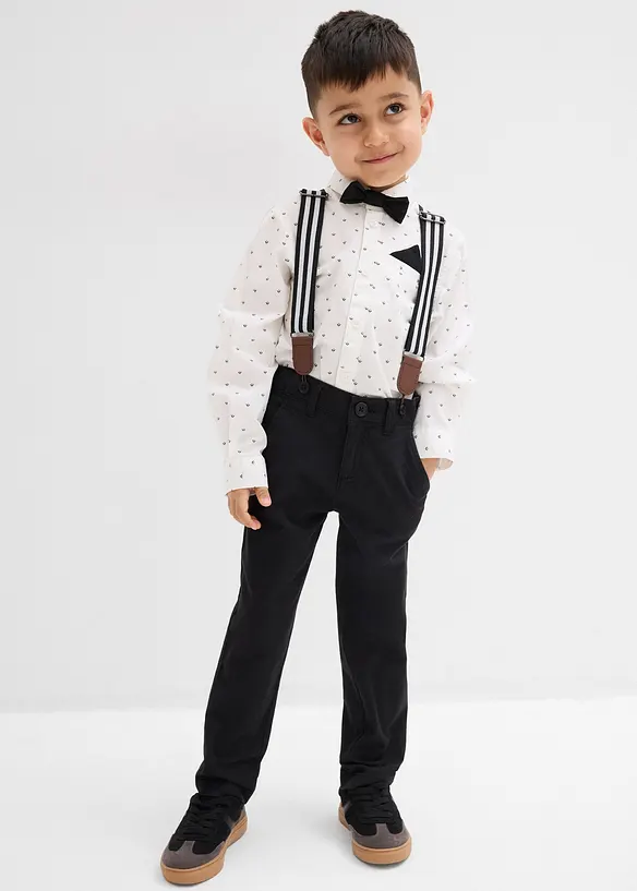 Košile s dlouhým rukávem, strečové kalhoty, šle a motýlek (4dílná souprava), bonprix