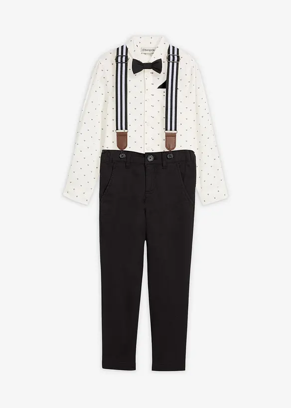 Košile s dlouhým rukávem, strečové kalhoty, šle a motýlek (4dílná souprava), bonprix