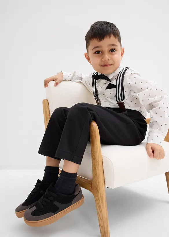 Košile s dlouhým rukávem, strečové kalhoty, šle a motýlek (4dílná souprava), bonprix