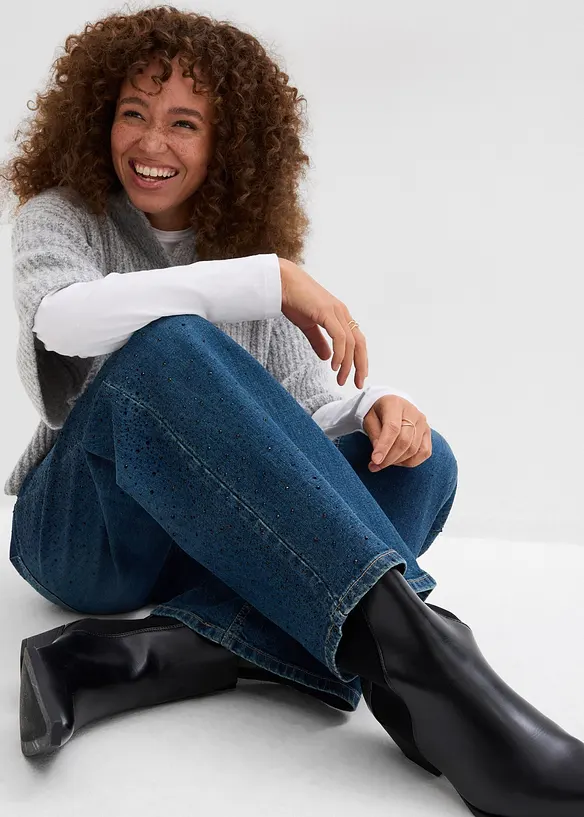 Džíny Wide Leg, Mid Waist, s třpytivými kamínky, bonprix