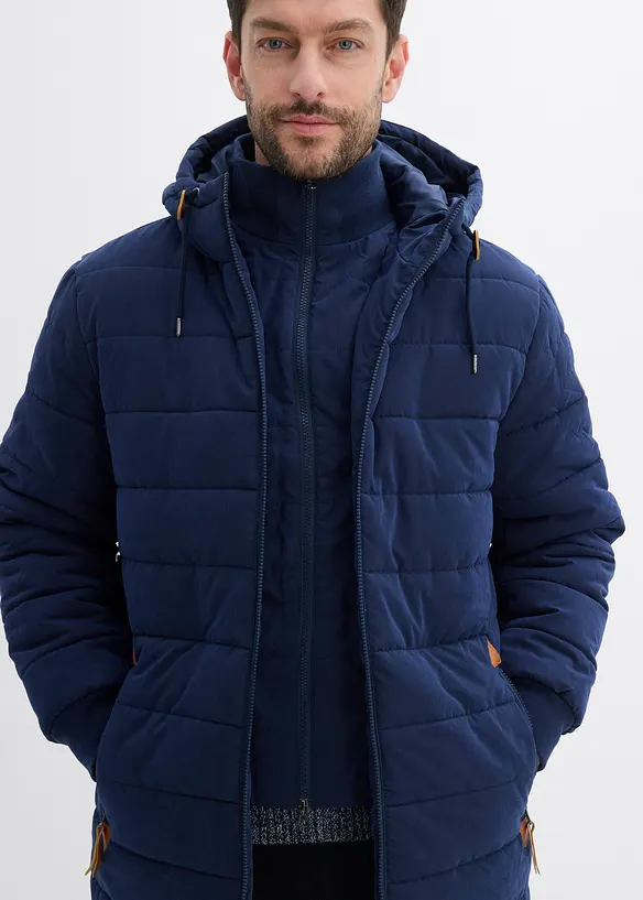 Vatovaná prošívaná parka s kapucí a detaily z imitace kůže, bonprix