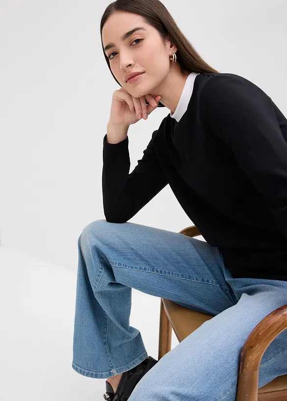 Tričko s dlouh&yacute;m ruk&aacute;vem, z visk&oacute;zov&eacute; směsi, s kontrastn&iacute;m n&iacute;zk&yacute;m rol&aacute;kem, bonprix