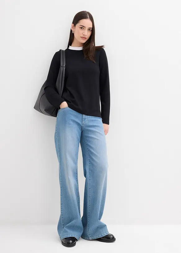 Tričko s dlouh&yacute;m ruk&aacute;vem, z visk&oacute;zov&eacute; směsi, s kontrastn&iacute;m n&iacute;zk&yacute;m rol&aacute;kem, bonprix