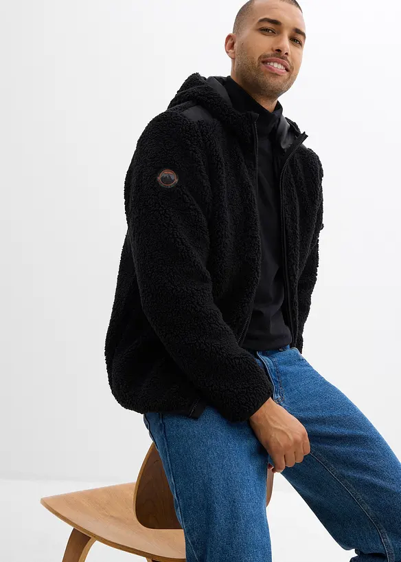 Bunda z medvídkového flísu, s tkaným lemem a kapucí, bonprix