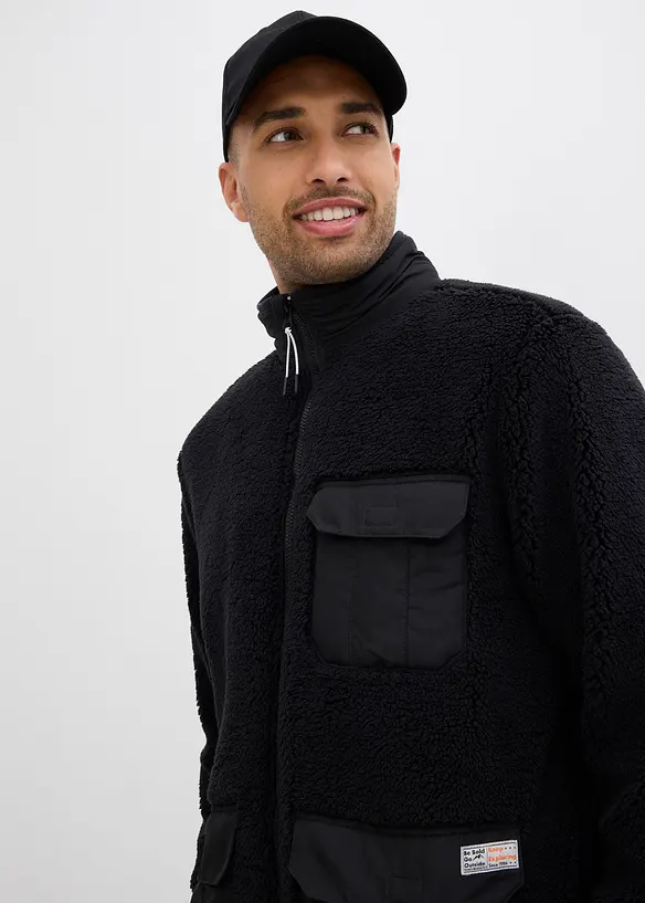 Bunda z plyšového flísu, s tkaný vsadkou a stojáčkem, bonprix