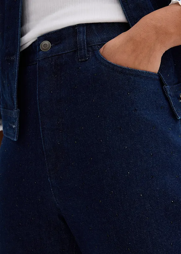 Volné džíny Straight, High Waist, pohodlný pas, se štrasem, bonprix