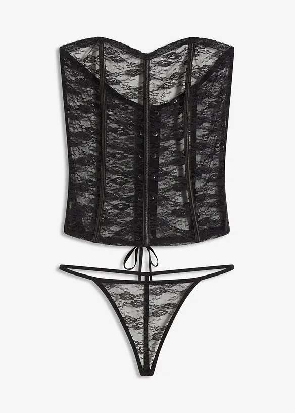 Korzet a kalhotky tanga z krajky (2dílná souprava), bonprix