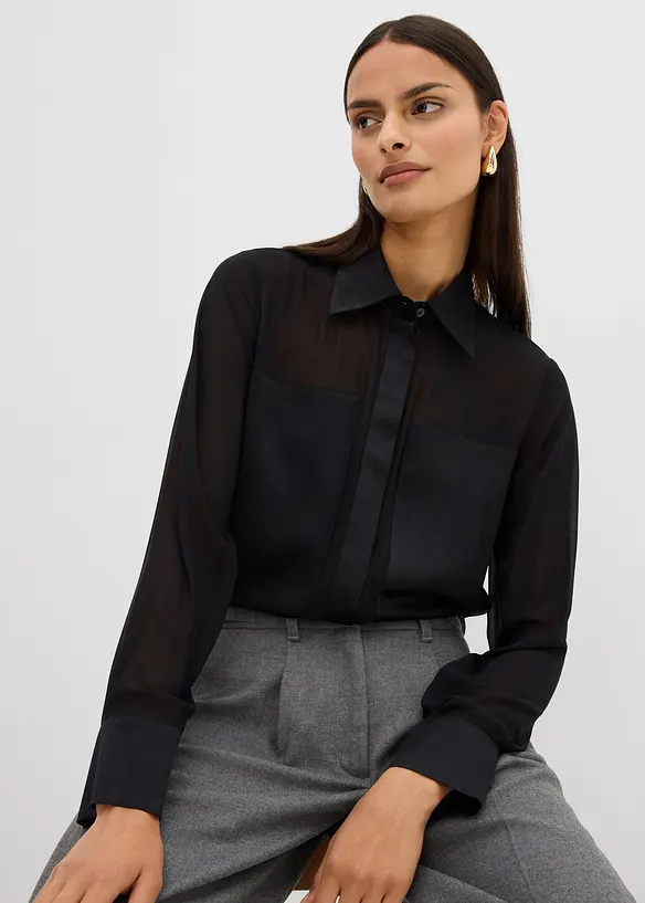 Košilová halenka se saténovou vsadkou, bonprix