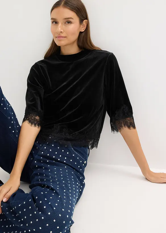 Sametové triko s krajkou, bonprix